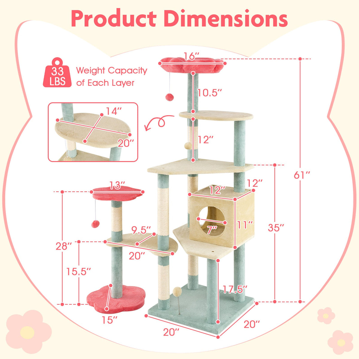 61 Inch Multi-Level Aesthetic Floral Kitten Tower with Flower-Shaped Padded Perch-Multicolor