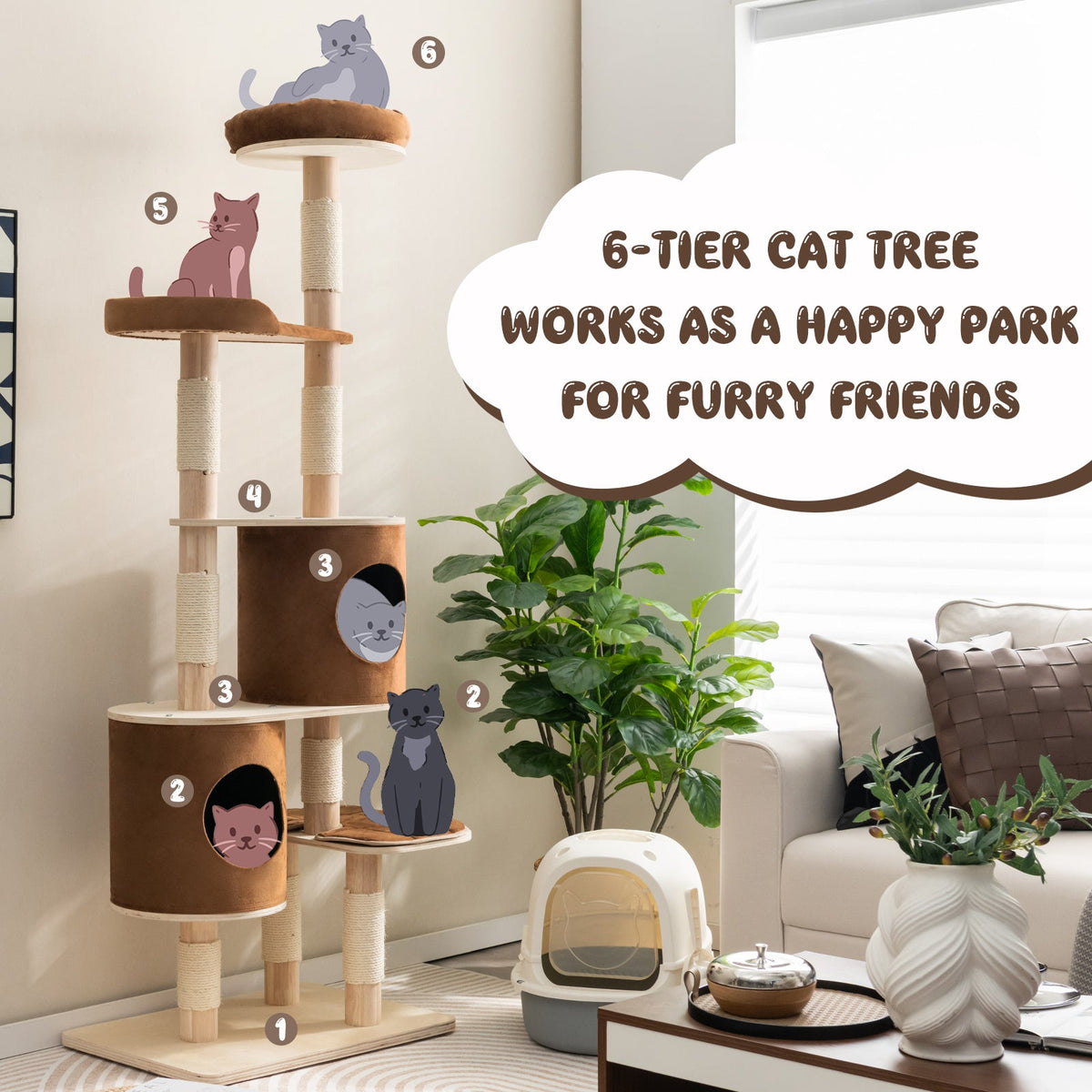 6-Tier Wooden Cat Tree with 2 Removeable Condos Platforms and Perch-Brown