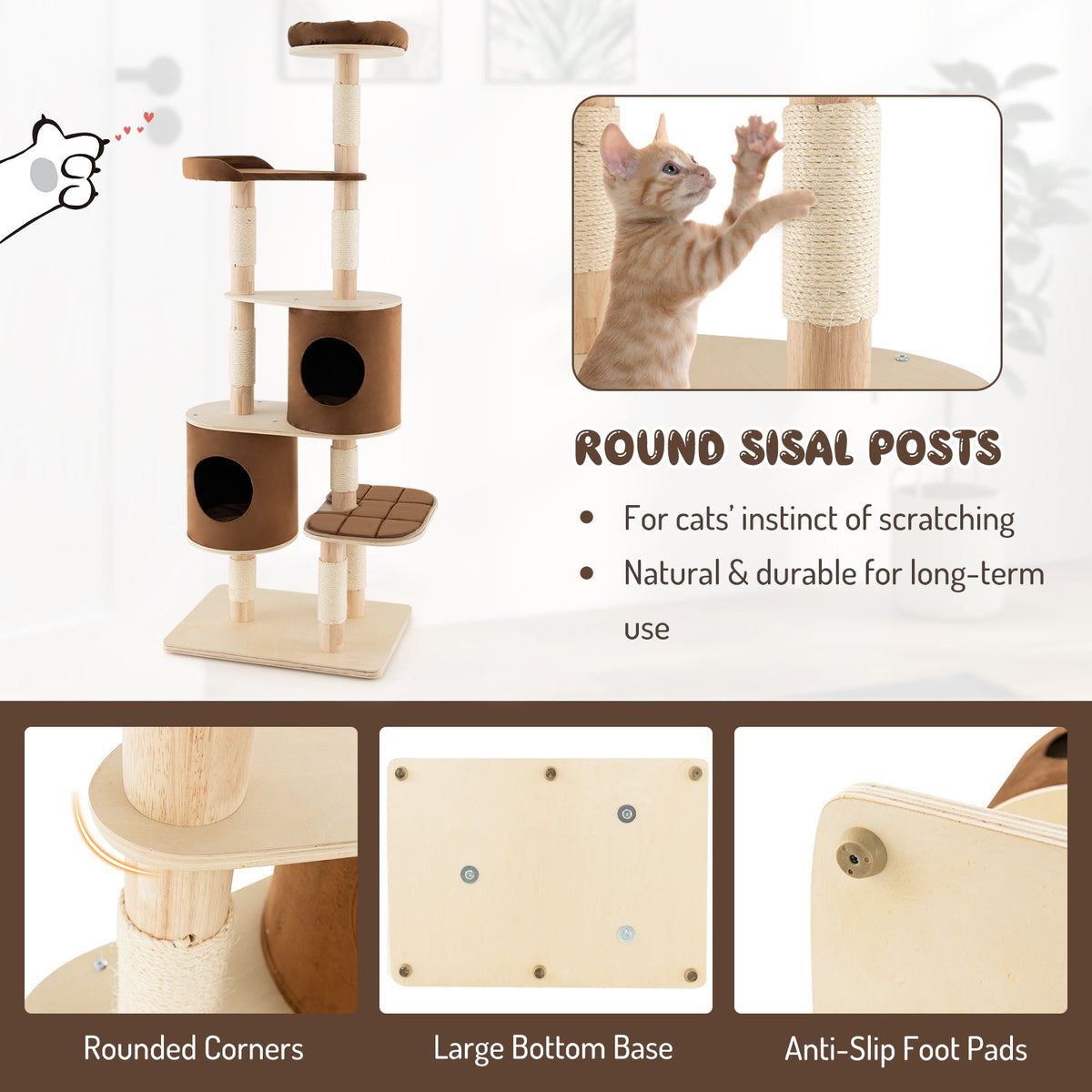 6-Tier Wooden Cat Tree with 2 Removeable Condos Platforms and Perch-Brown