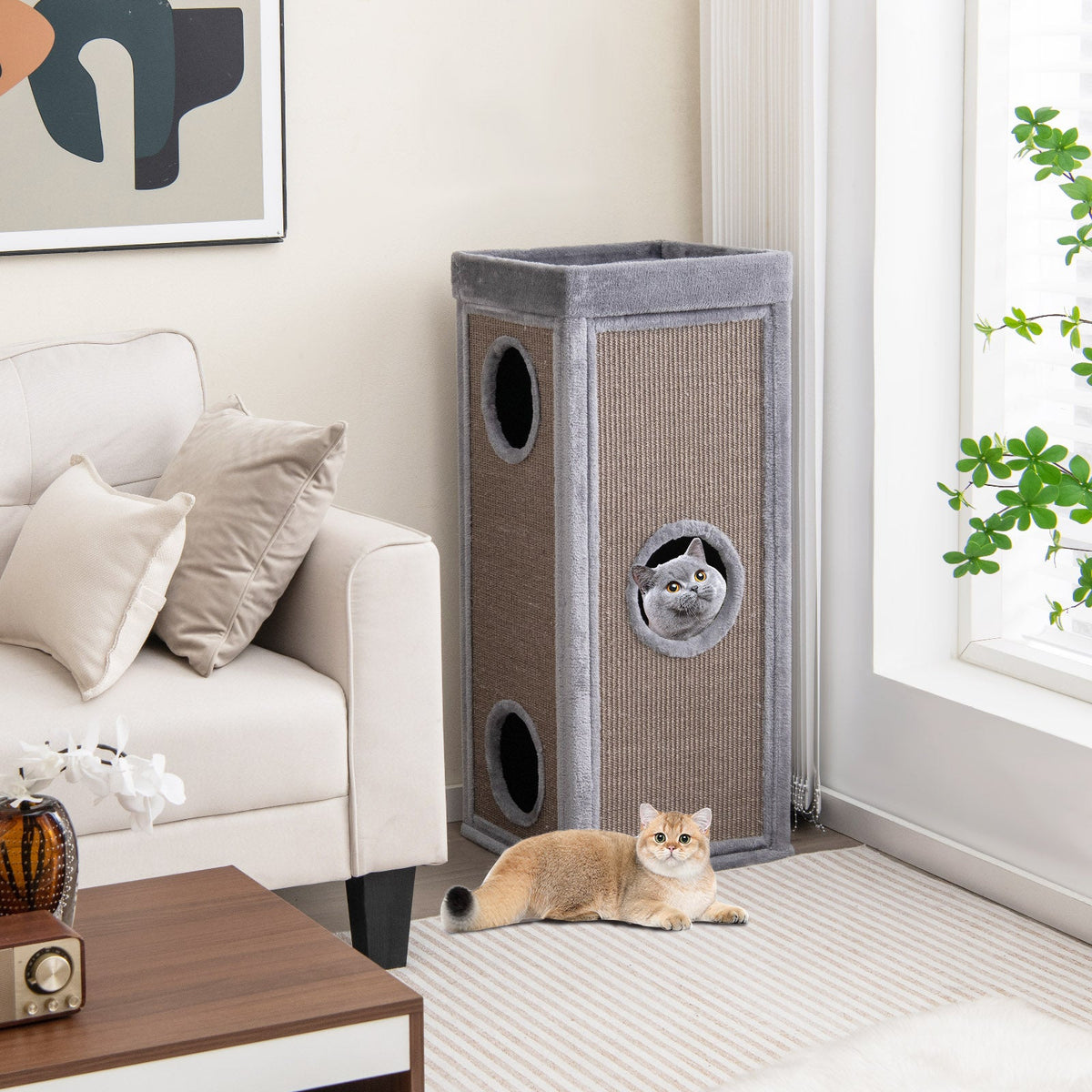39 Inch Tall Cat Condo with Scratching Posts and 3 Hideaways and 4 Soft Plush Cushions-Gray