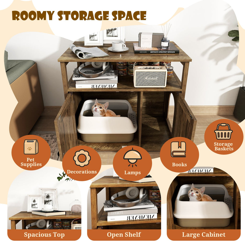Cat Litter Box Enclosure with Double Barn Doors  Divider  Side Entry and Storage Shelf