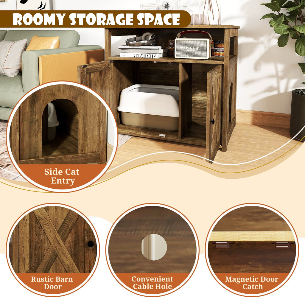 Cat Litter Box Enclosure with Double Barn Doors  Divider  Side Entry and Storage Shelf