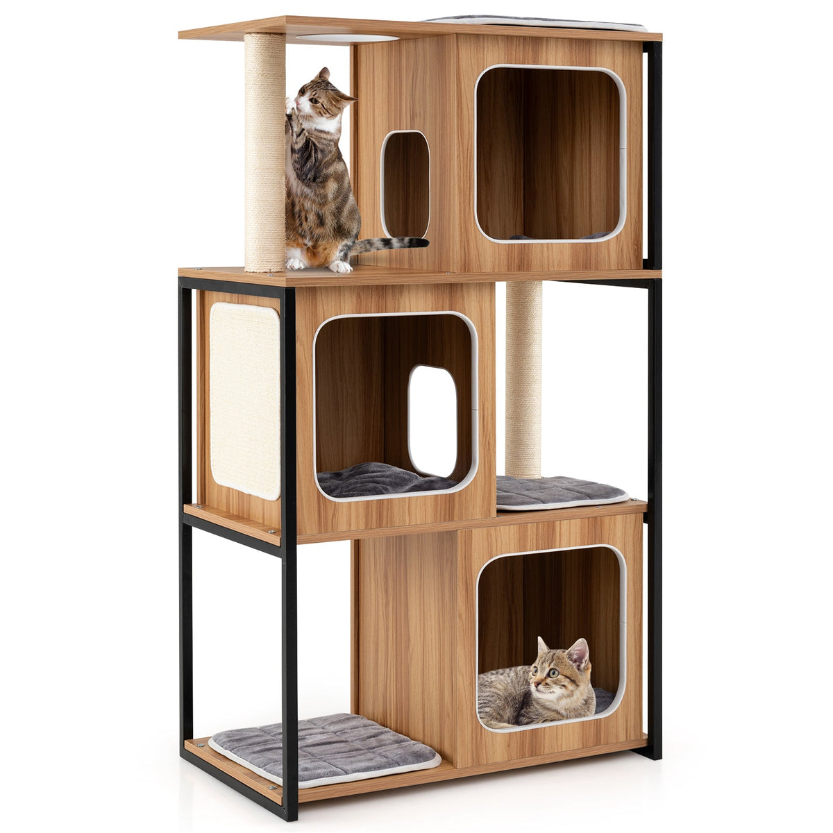 Modern Cat Tree Cat House with Metal Frame and Scratching Posts-Natural