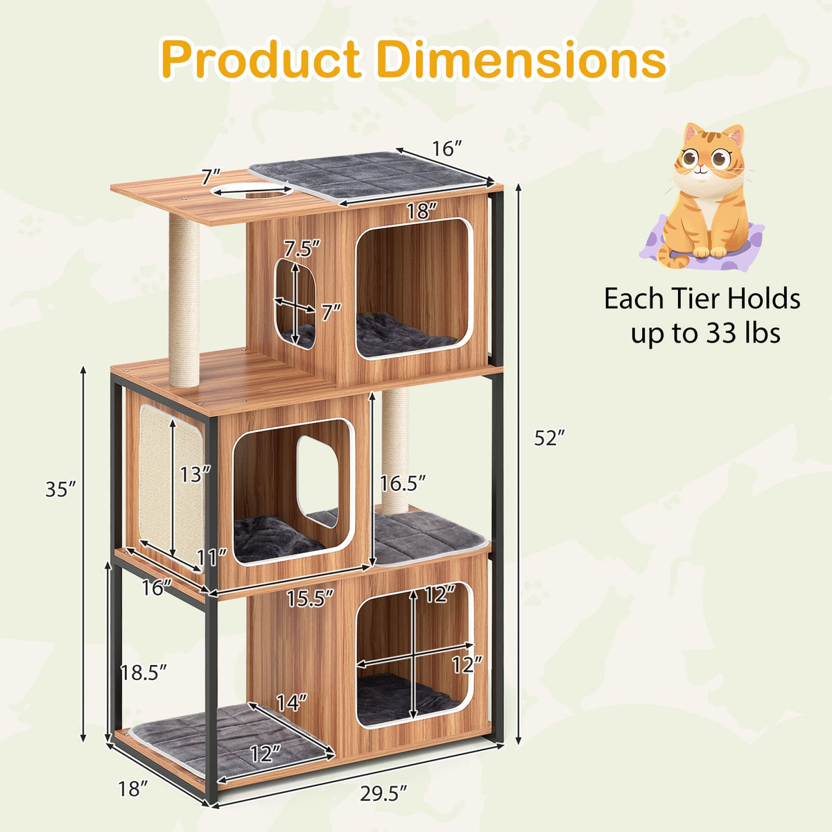 Modern Cat Tree Cat House with Metal Frame and Scratching Posts-Natural