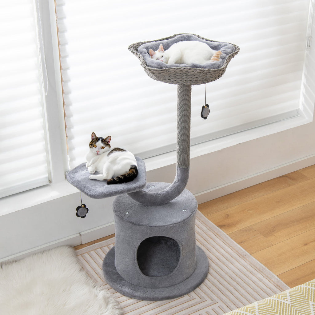 42 Inch Tall Cat Tower with Curved Metal Supporting Frame for Large and Small Cats-Gray