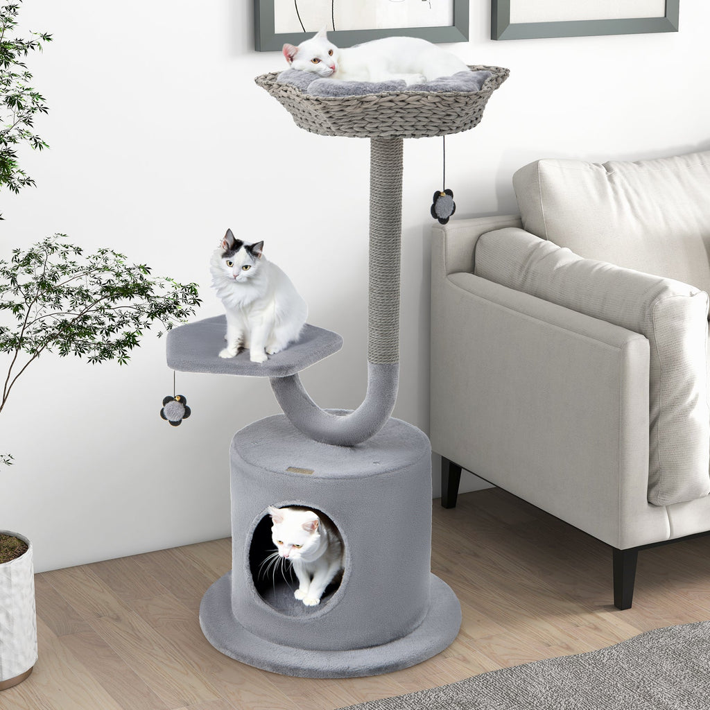 42 Inch Tall Cat Tower with Curved Metal Supporting Frame for Large and Small Cats-Gray