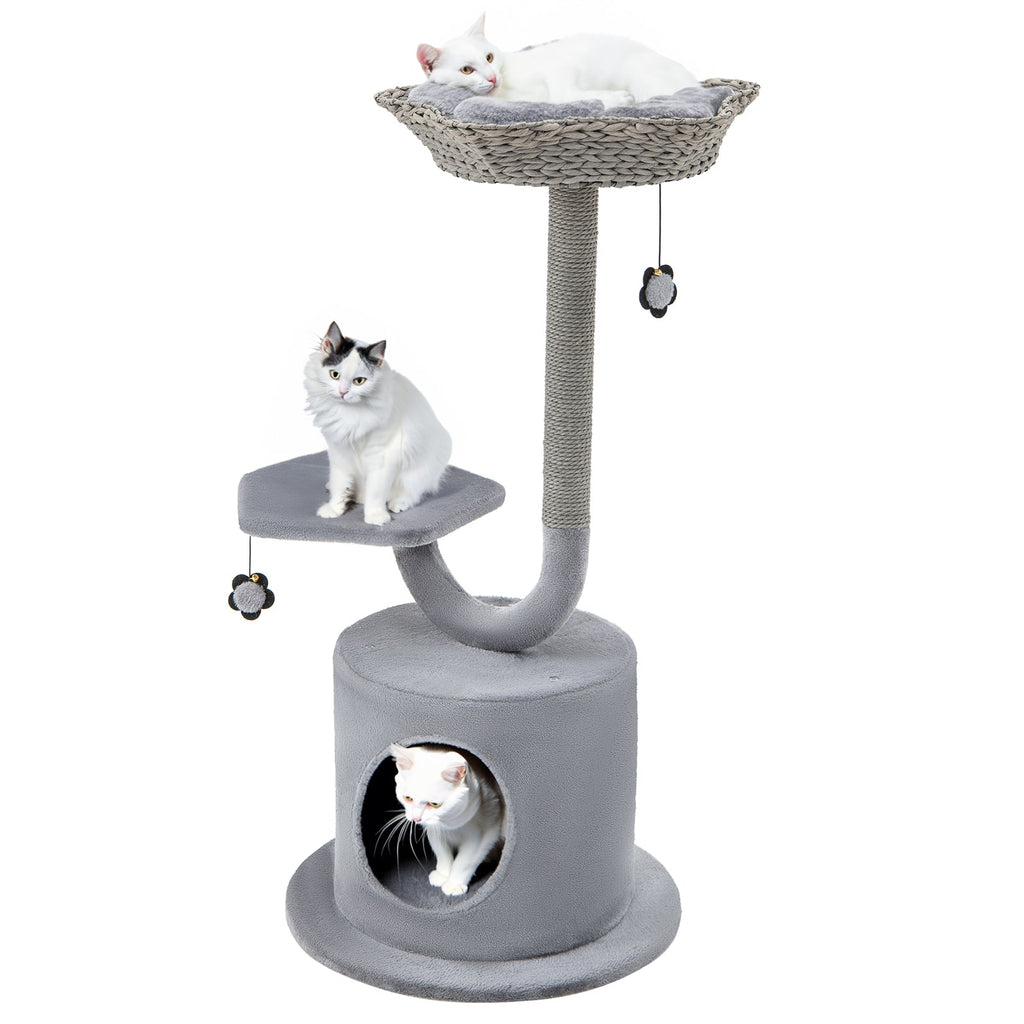 42 Inch Tall Cat Tower with Curved Metal Supporting Frame for Large and Small Cats-Gray