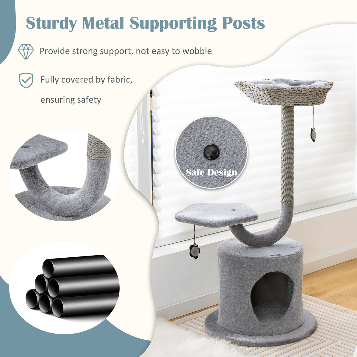 42 Inch Tall Cat Tower with Curved Metal Supporting Frame for Large and Small Cats-Gray