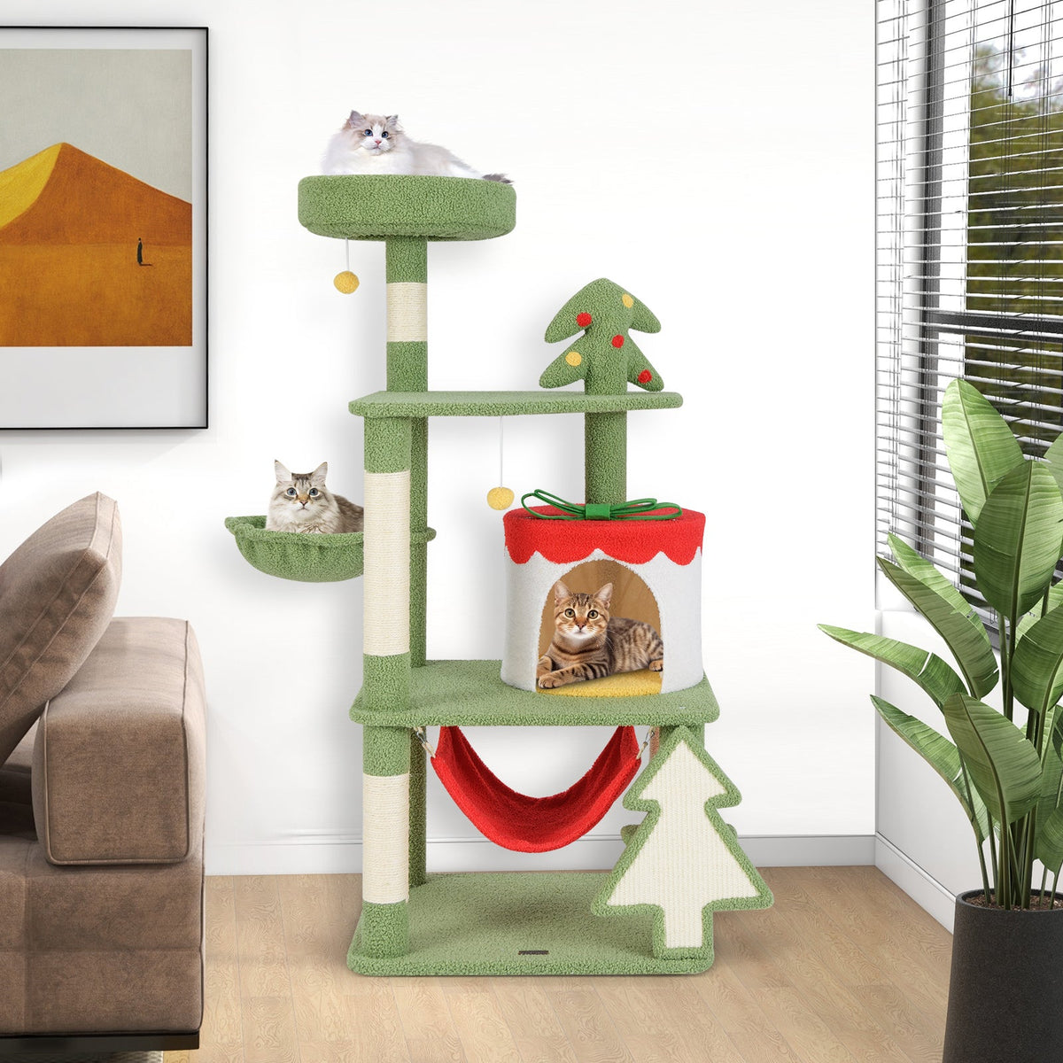Cute Christmas Cat Tree with Sisal Scratching Posts and Gift Box Shaped Condo-Green