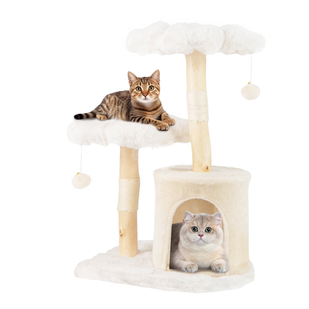 Cute Solid Wood Cat Tree Natural Branch Modern Flower Cat Tower with Sisal Scratching Posts-Beige