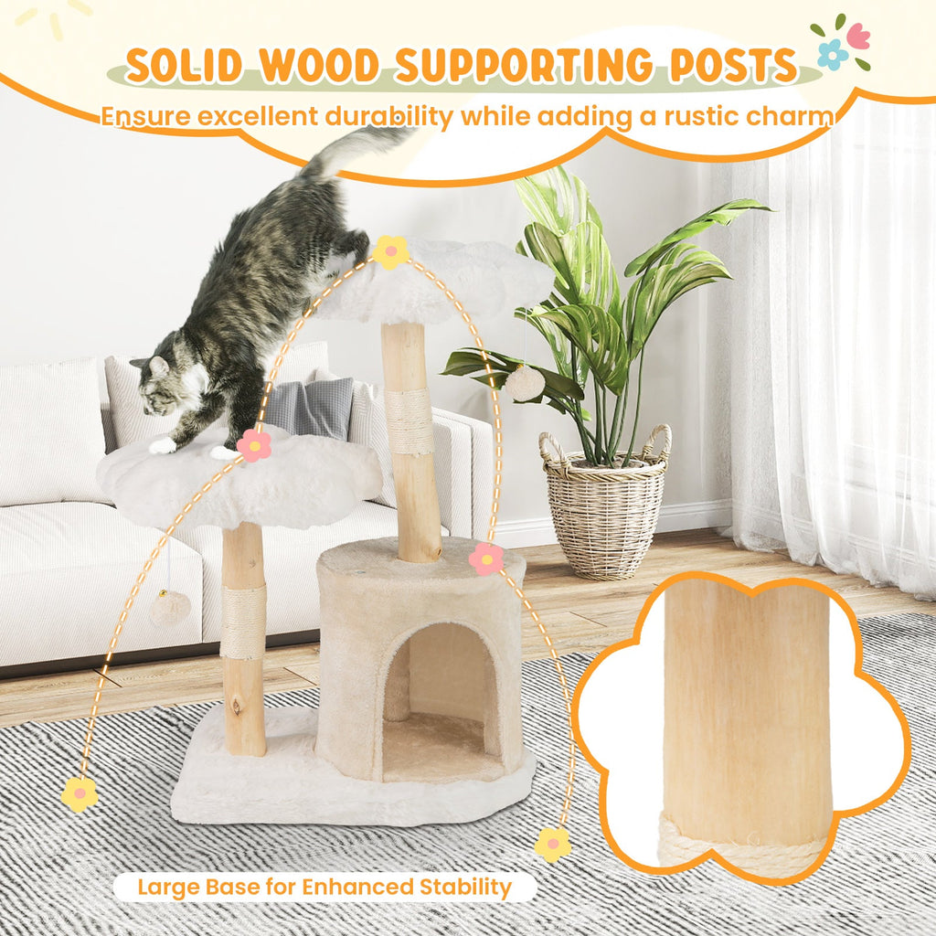 Cute Solid Wood Cat Tree Natural Branch Modern Flower Cat Tower with Sisal Scratching Posts-Beige