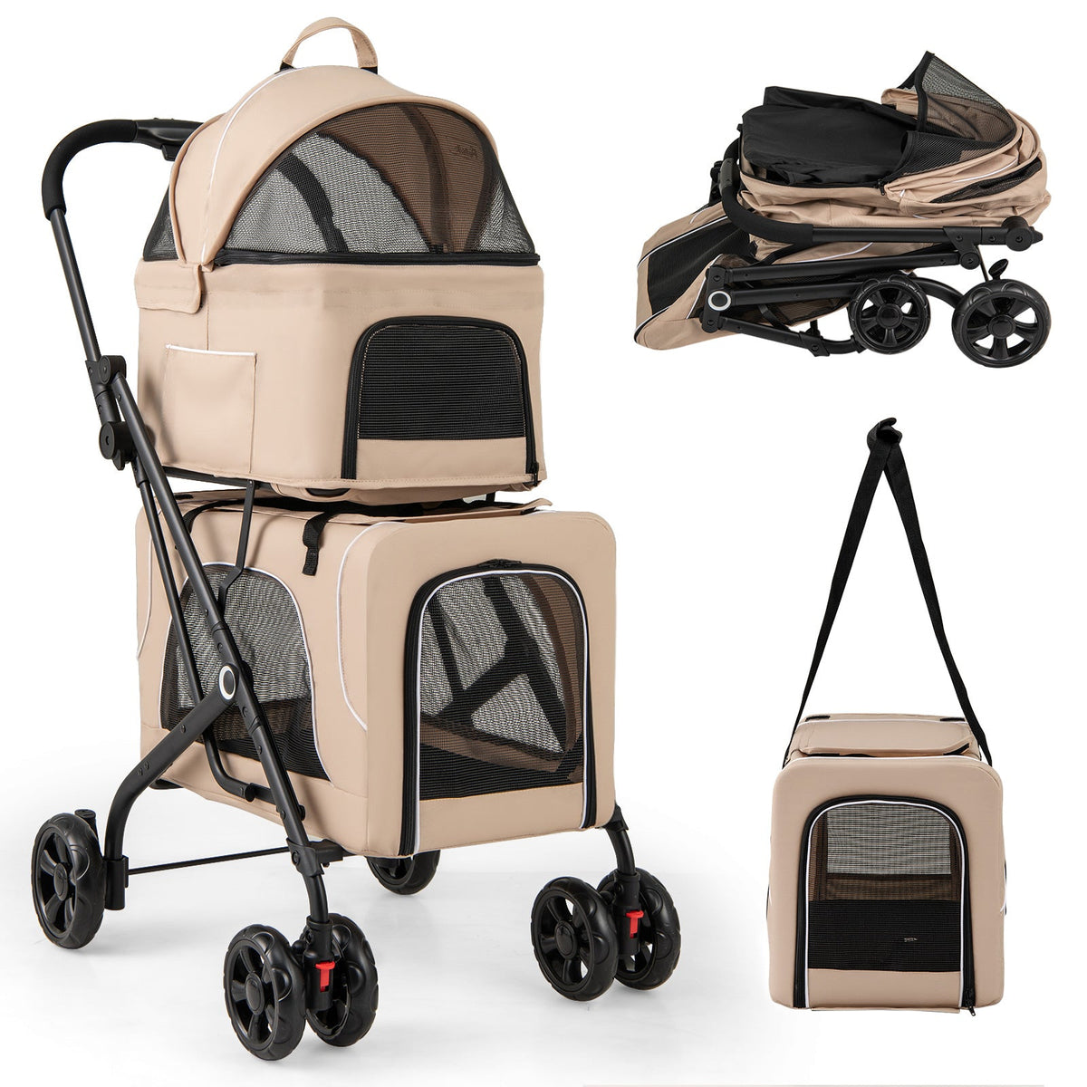 Double Pet Stroller Foldable 3-in-1 Dog Stroller with 2 Detachable Carriers-Beige
