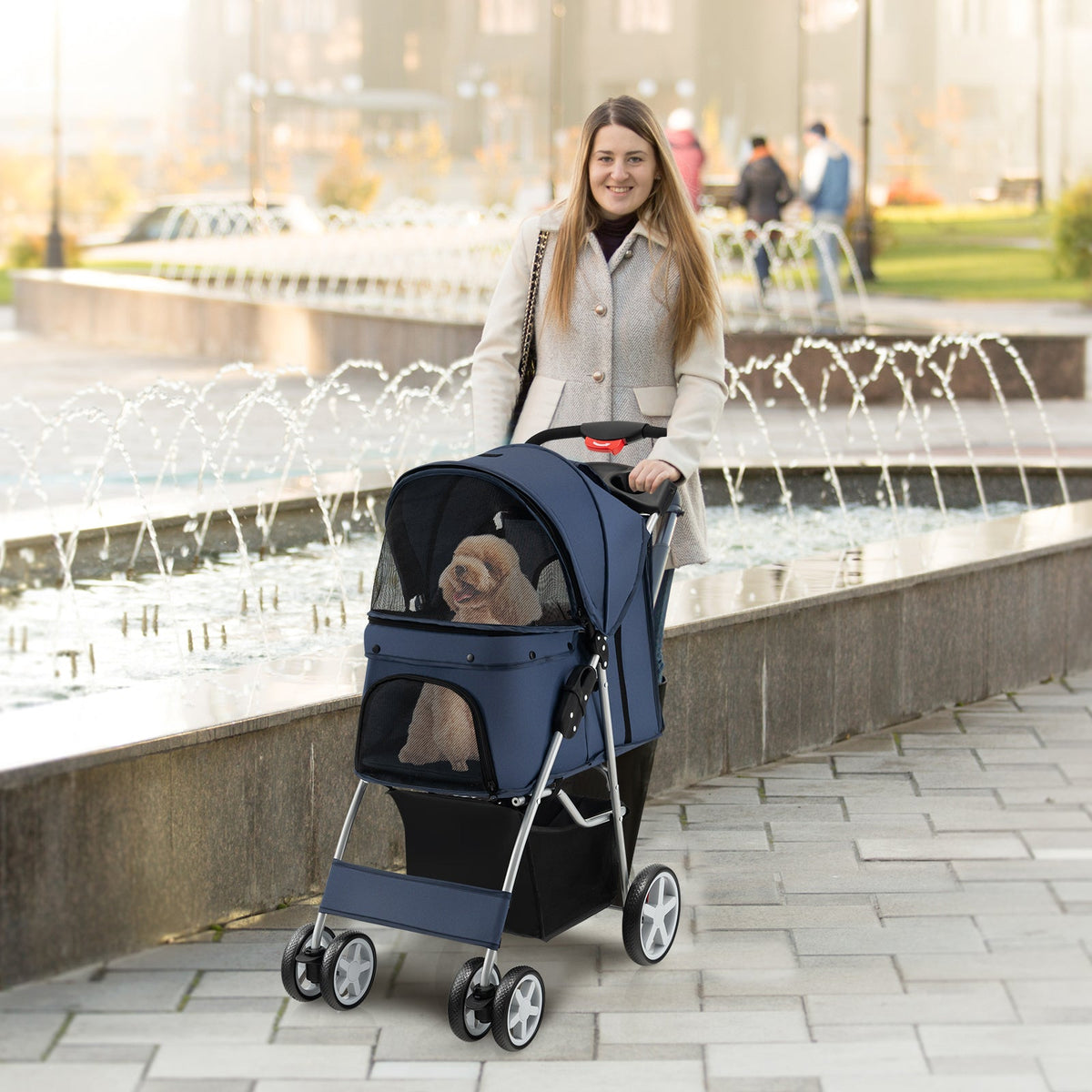 Folding Pet Stroller with Storage Basket and Adjustable Canopy-Navy