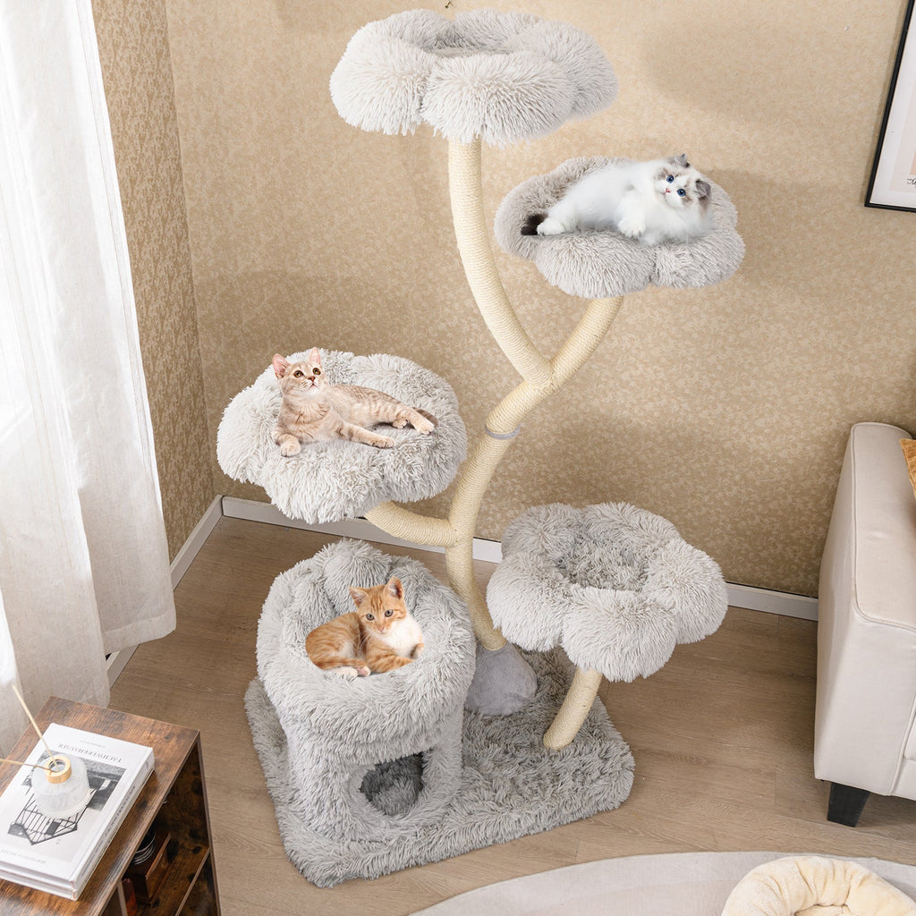 Freestanding Cat Tower with four Flower-shaped Platforms and Sisal Scratching Posts-Gray