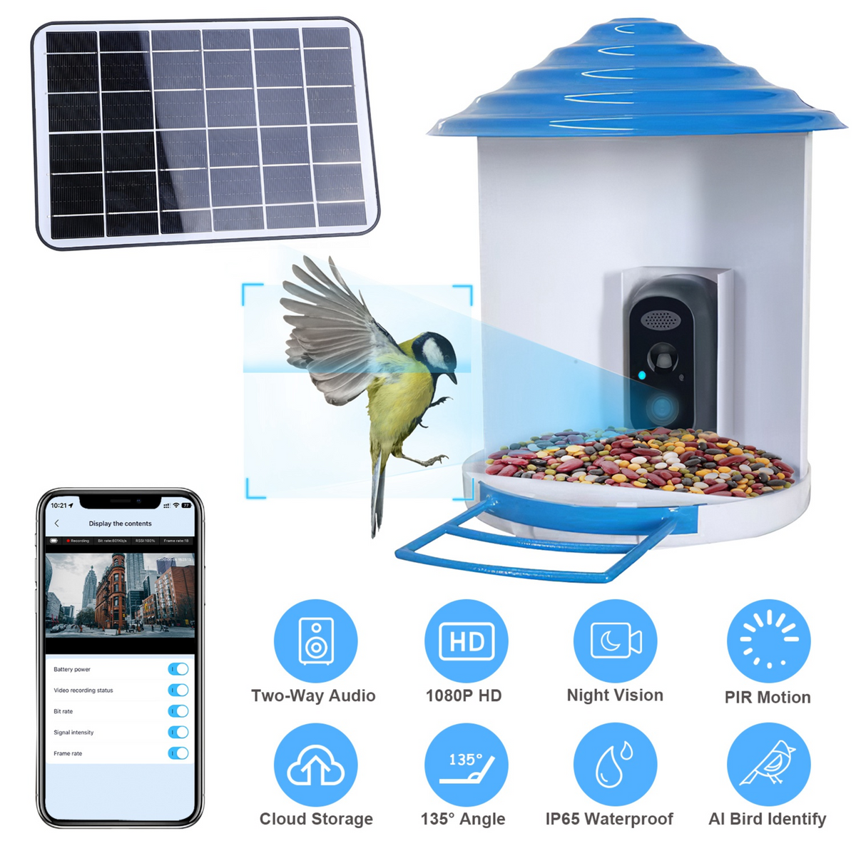Smart Bird Feeder with Solar Powered Camera 1080P HD AI Identify PIR Motion Auto Capture Video Cloud Card Storage WiFi Connection App Control IP65 Wat