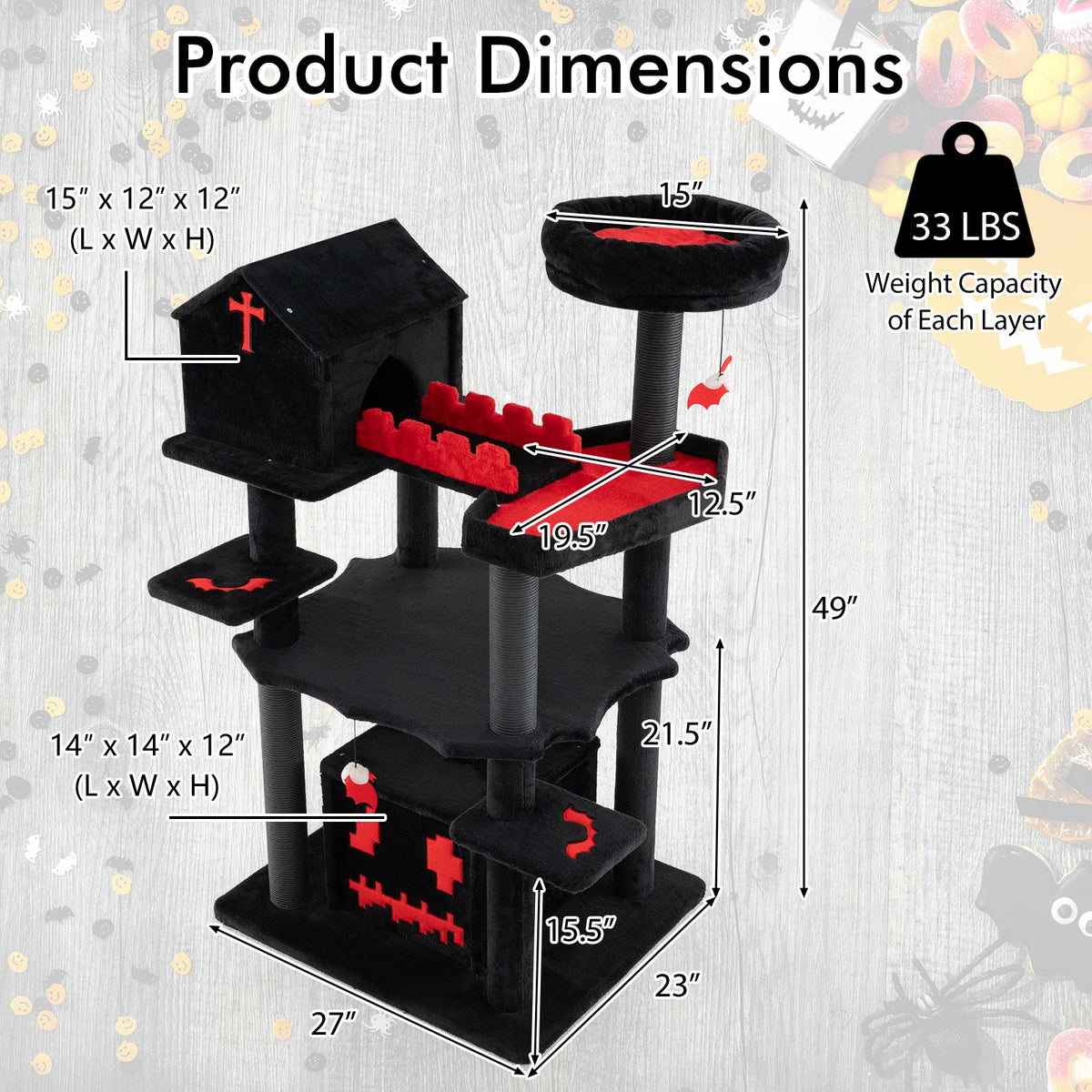 Gothic Cat Tree 49 Inch Tall Cat Tower 6-Tier Cat Activity Center with Coffin Bed-Black