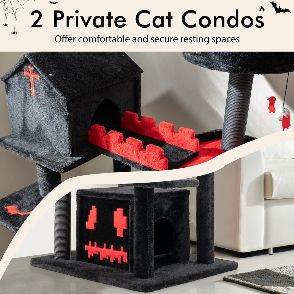 Gothic Cat Tree 49 Inch Tall Cat Tower 6-Tier Cat Activity Center with Coffin Bed-Black