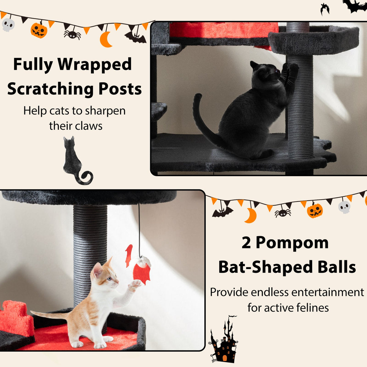 Gothic Cat Tree 49 Inch Tall Cat Tower 6-Tier Cat Activity Center with Coffin Bed-Black