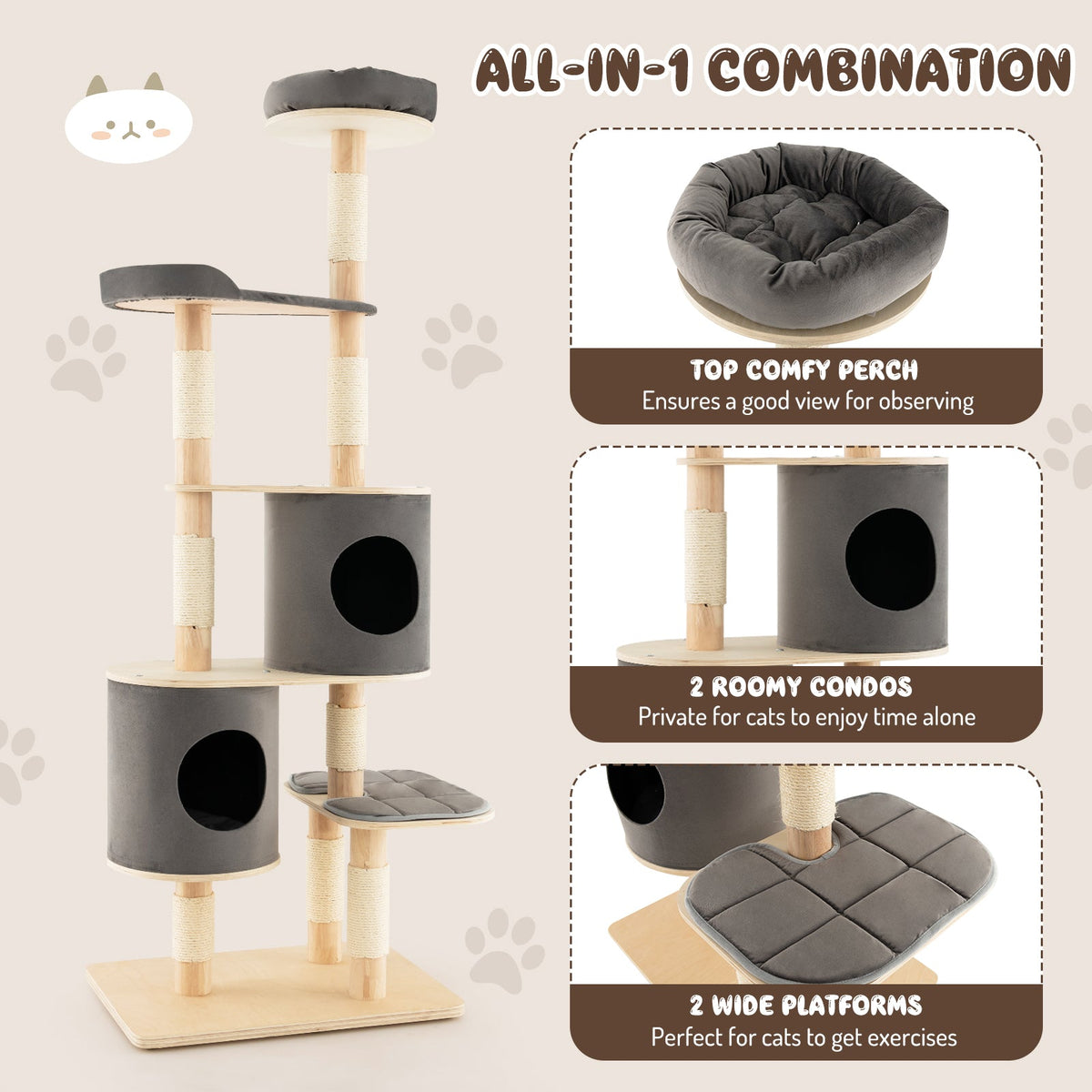 6-Tier Wooden Cat Tree with 2 Removeable Condos Platforms and Perch-Gray