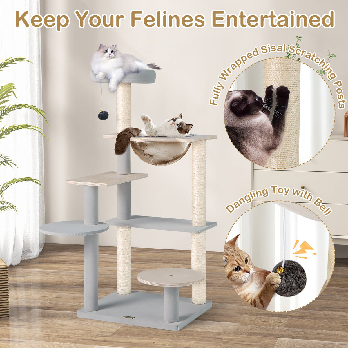 Modern Cat Tree 44 Inch Multi-level Cat Tower with Removable Padded Top Perch-Natural