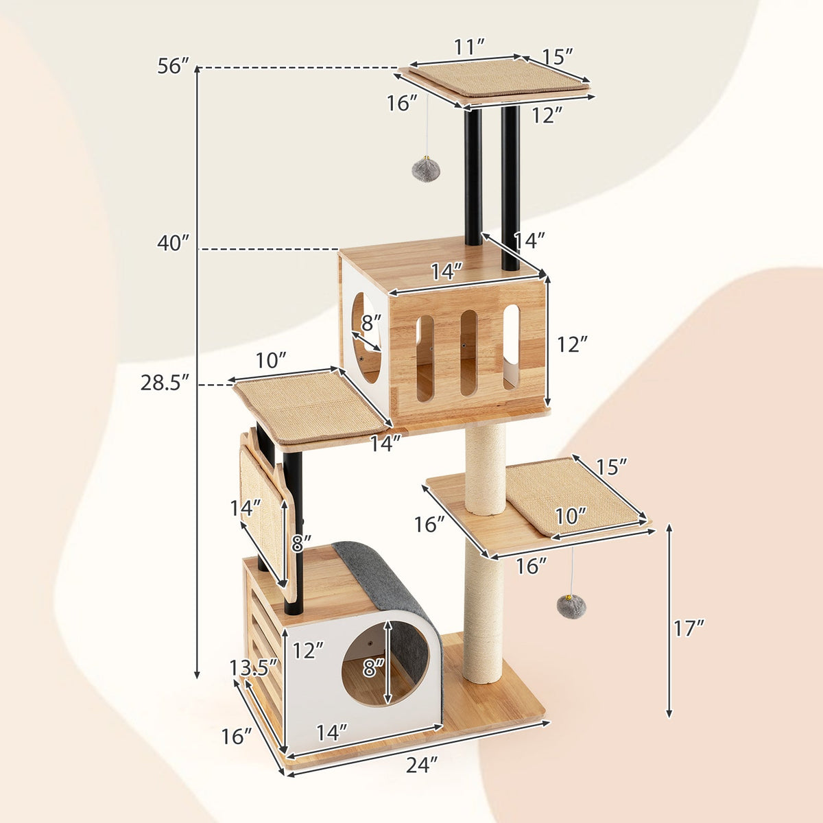 Modern Tall Cat Tower with Double Condos with Dangling Balls and Sisal Carpets-Natural