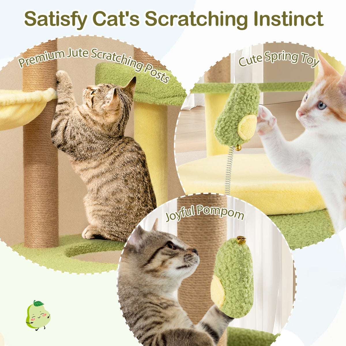 Multi-level Cat Tree Avocado Theme Cat Tower with Wide Perch Rotatable Basket-Green