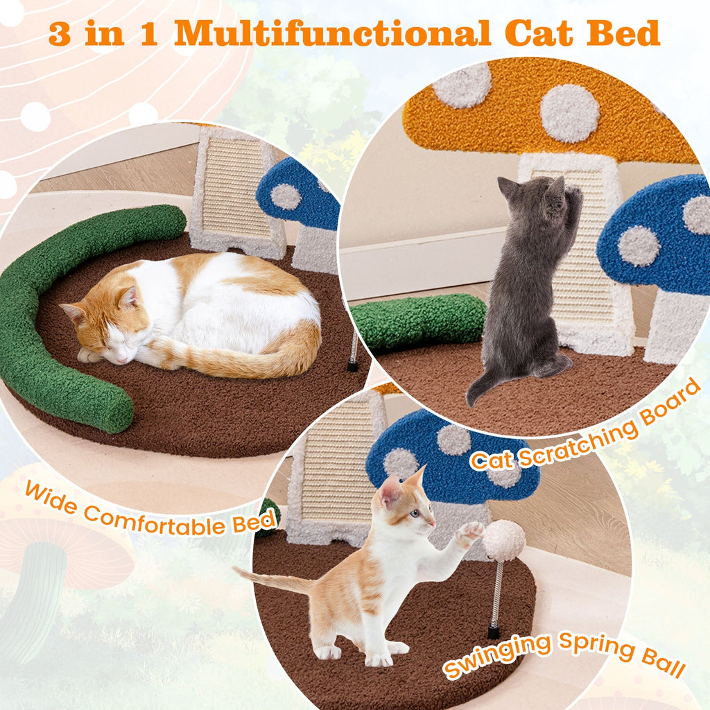 Mushroom Cat Bed Cat Claw Scratcher with Wide Bed and Sisal Scratch Panel-Multicolor