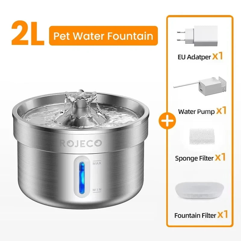 ROJECO Stainless Steel Pet Drinking Fountain Auto Cat Water Fountain Smart Pet Water Dispenser with Pump for Dog Cat Drink Bowl