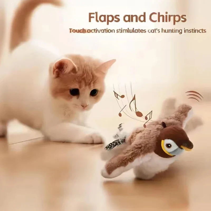 Rechargeable Electric Simulated Bird Pet Toy, Touch Activated Chirping Flapping (No Flying), Interactive Plush Toy for Cats Dogs