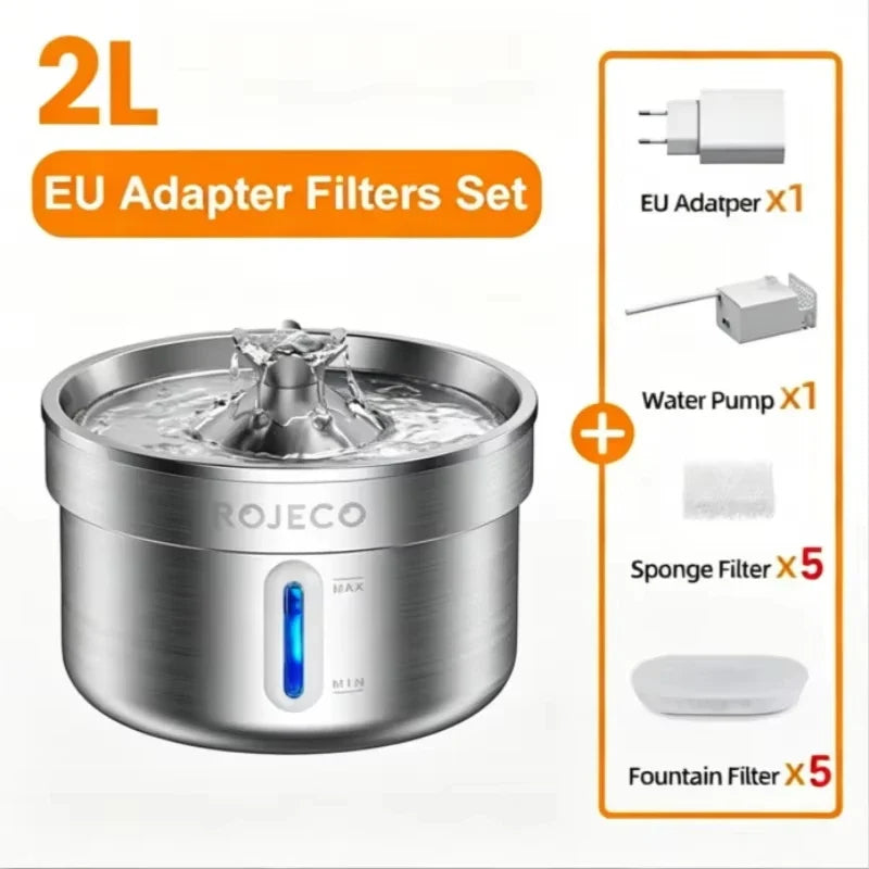 ROJECO Stainless Steel Pet Drinking Fountain Auto Cat Water Fountain Smart Pet Water Dispenser with Pump for Dog Cat Drink Bowl