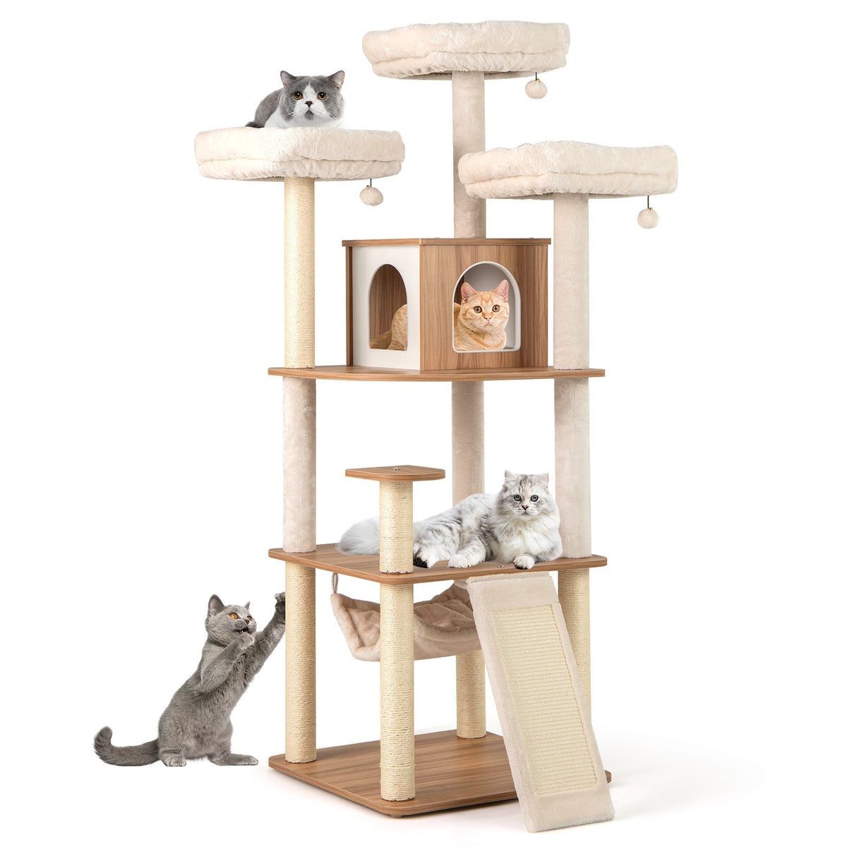 68 Inch Tall Cat Tree with 3 Padded Perches Condo and Sisal Scratching Posts-Natural