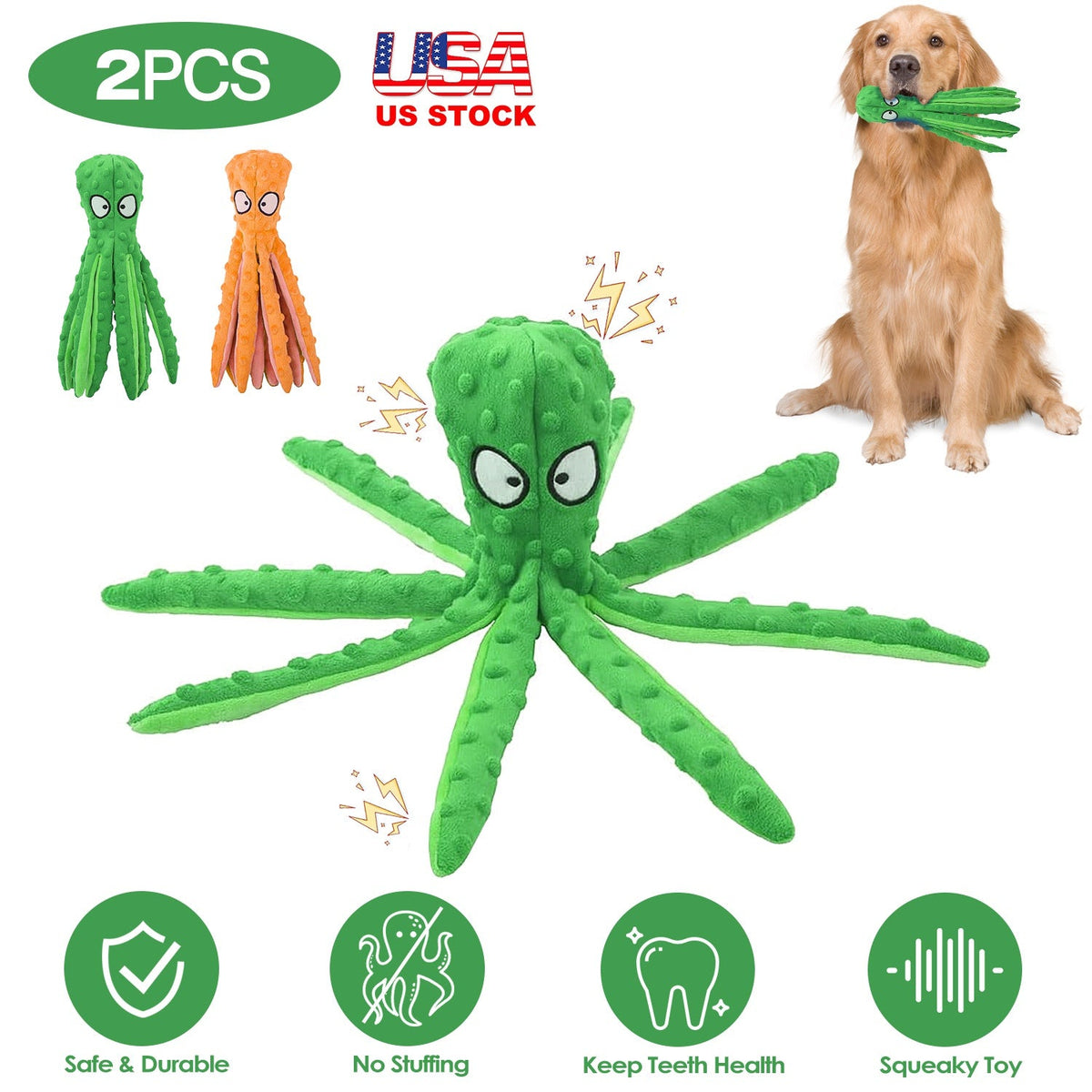 2Pcs Squeaky Dog Toys No Stuffing Crinkle Plush Octopus Dog Teething Toy Interactive Dog Toy Dog Training Toy For Puppy Small Medium Large Dog