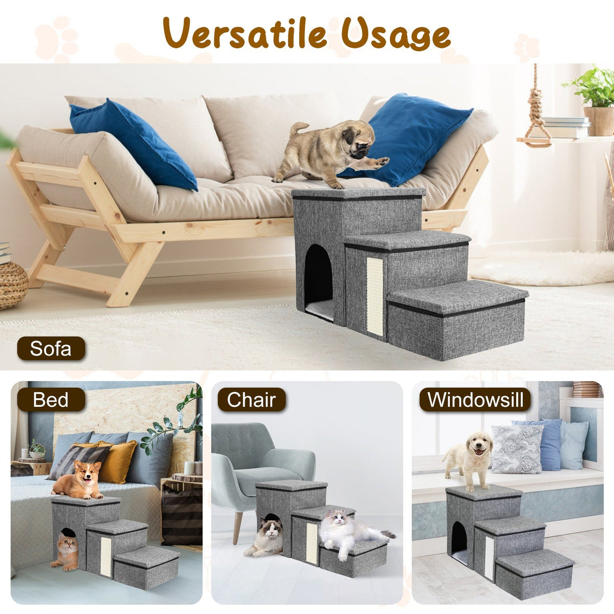 4-in-1 Foldable Pet Stairs with Storage, Scratcher & Pet House