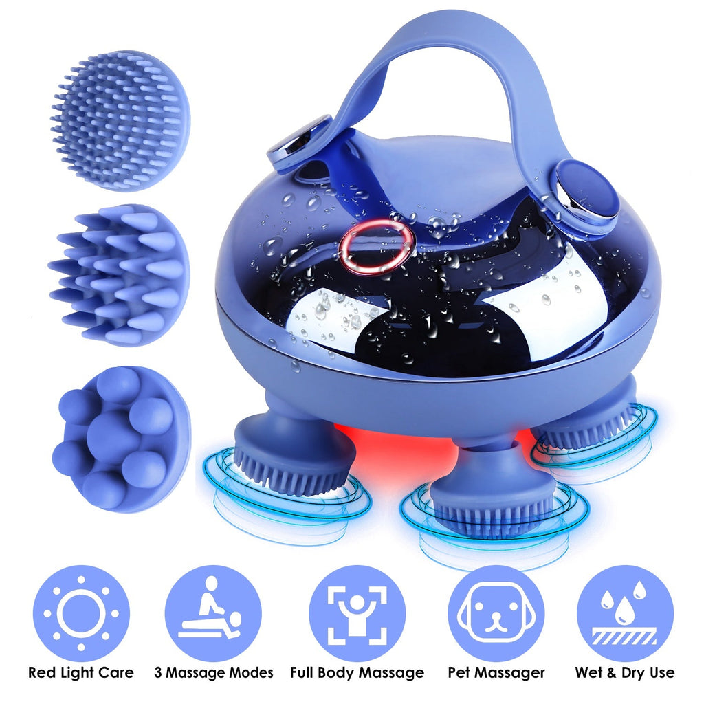Electric Scalp Massager Rechargeable Head Mssager IPX7 Waterproof Dog Cat Massager with Red Light 3 Modes 3 Types of Massage Claws for Men Women Elder