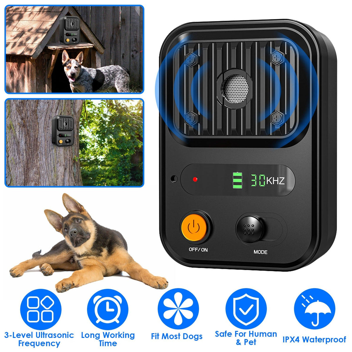 Ultrasonic Anti-Barking Device Rechargeable Auto Dog Bark Control Deterrent Box Training Device IPX4 Waterproof with 3 Frequency Max 32.8Feet Sensing