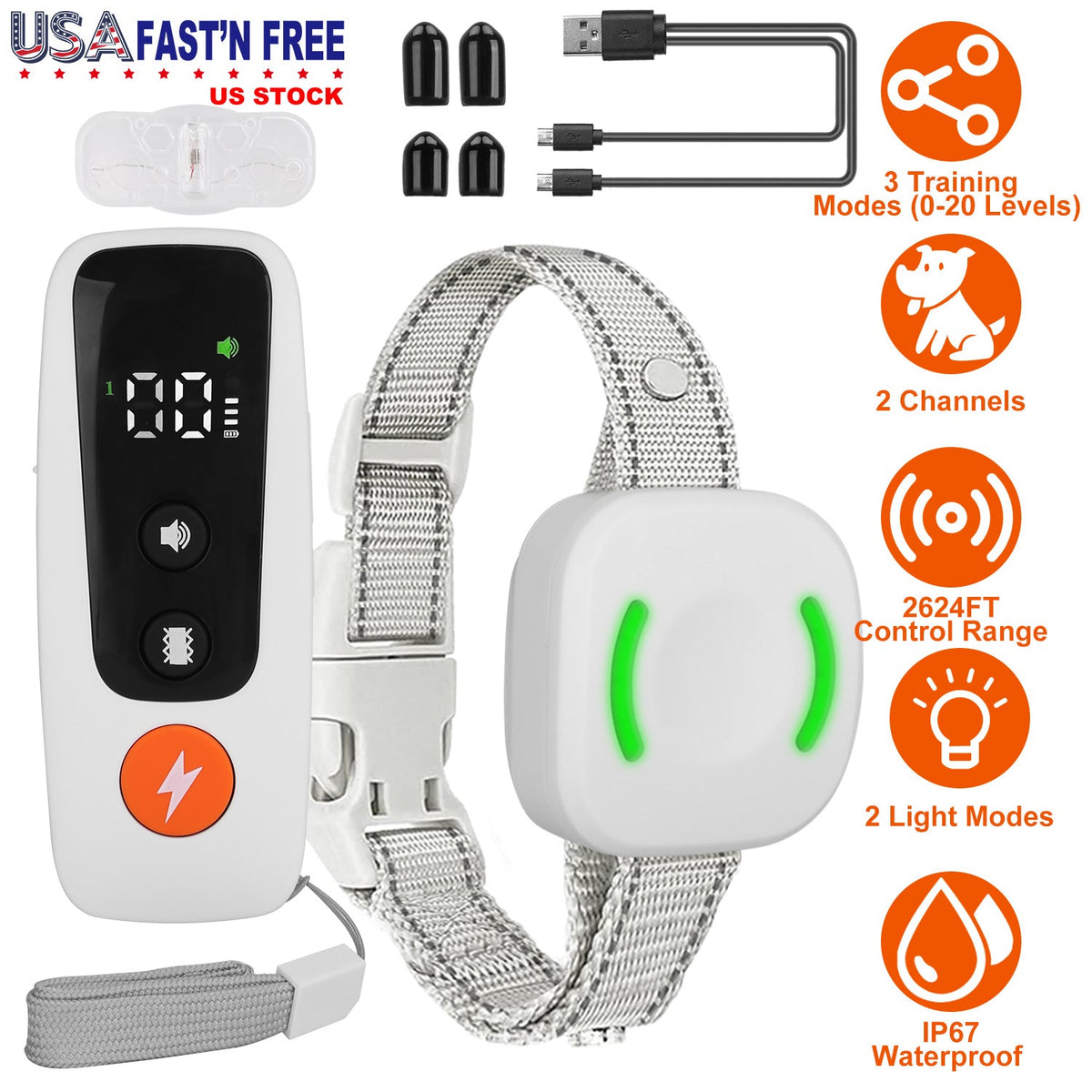 Electric Remote Training Collar IP67 Waterproof Rechargeable Dog Training System with Light Beep Vibration Shock 2624FT Range Fit for All Dogs 10-150L
