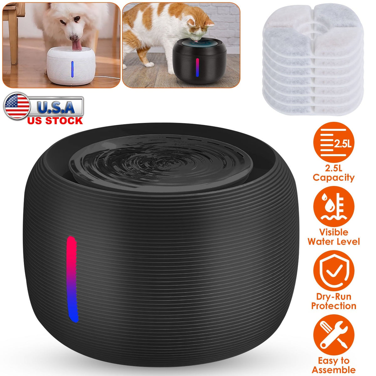 2.5L 84.54OZ Pet Water Fountain Smart Pet Drinking Fountain with LED Light 7 Pack Replaceable Filters Water Level Quiet Pump Dry-Run Protection Cat Do