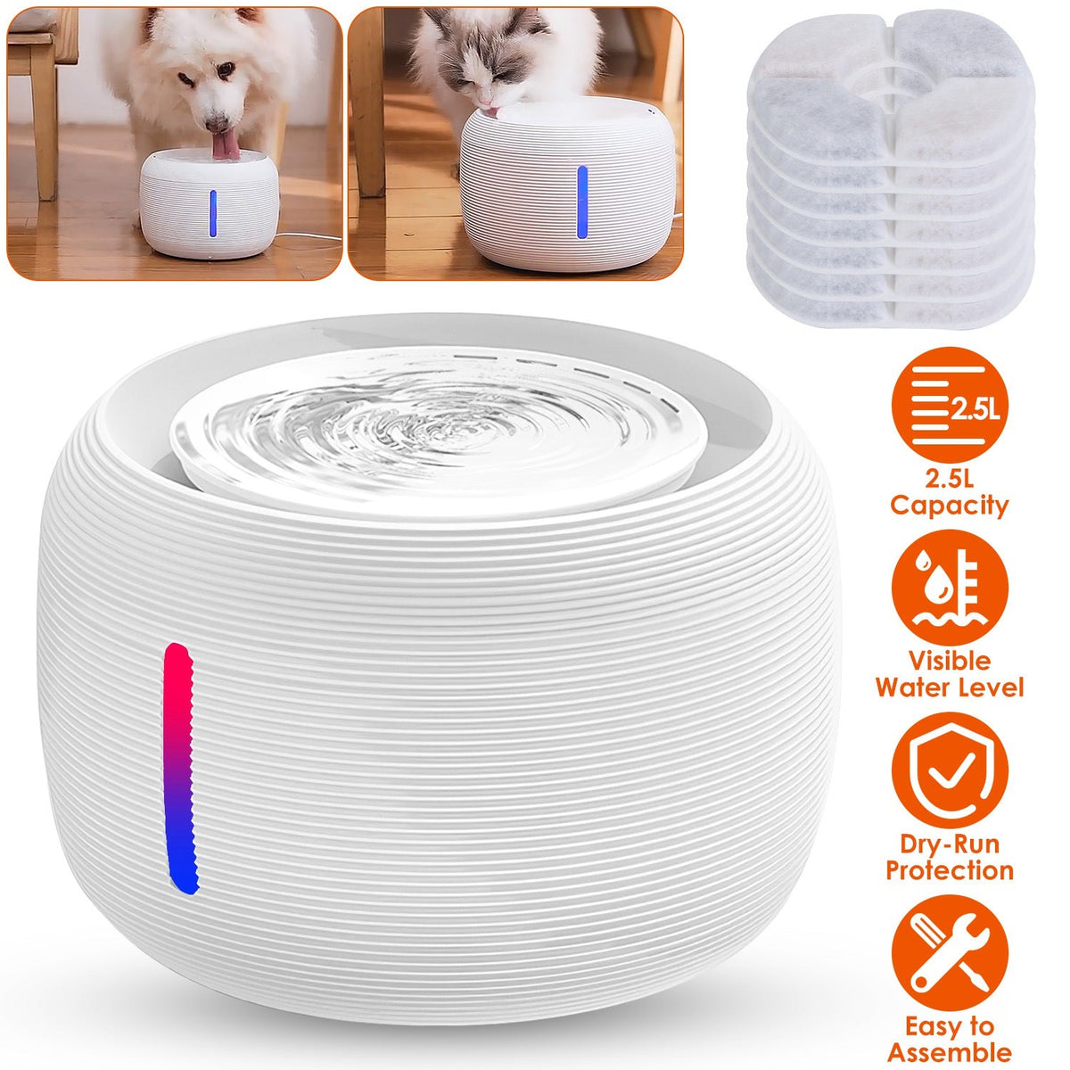 2.5L 84.54OZ Pet Water Fountain Smart Pet Drinking Fountain with LED Light 7 Pack Replaceable Filters Water Level Quiet Pump Dry-Run Protection Cat Do