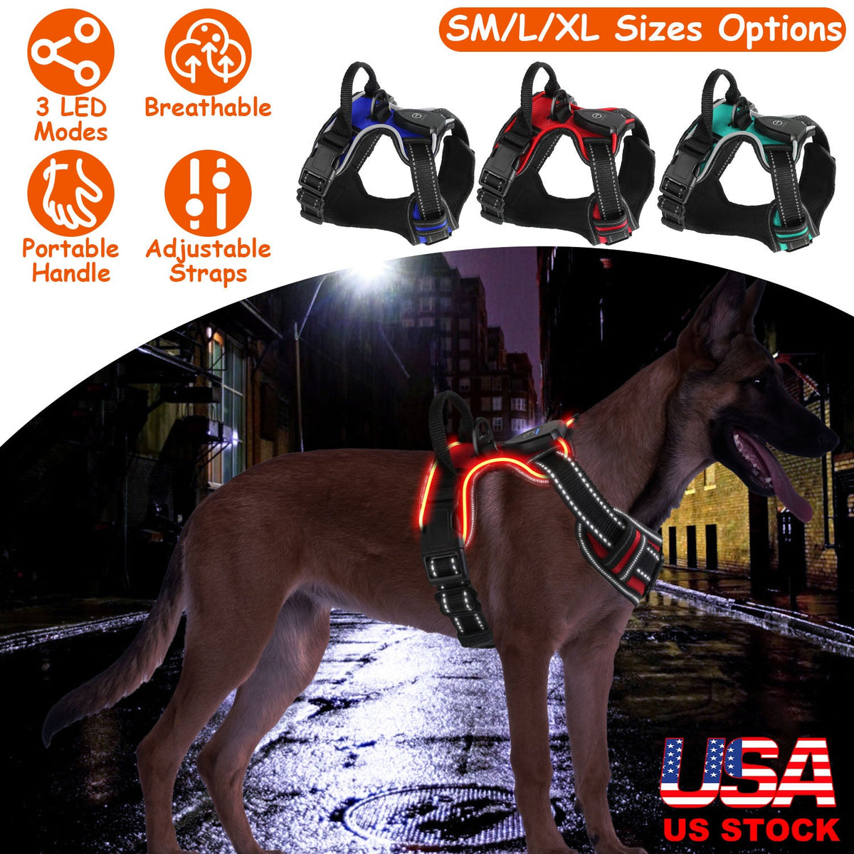 Light Up Dog Harness Rechargeable LED Dog Harness No Pull Lighted Dog Vest with Handle for Small/Medium/Large Dogs