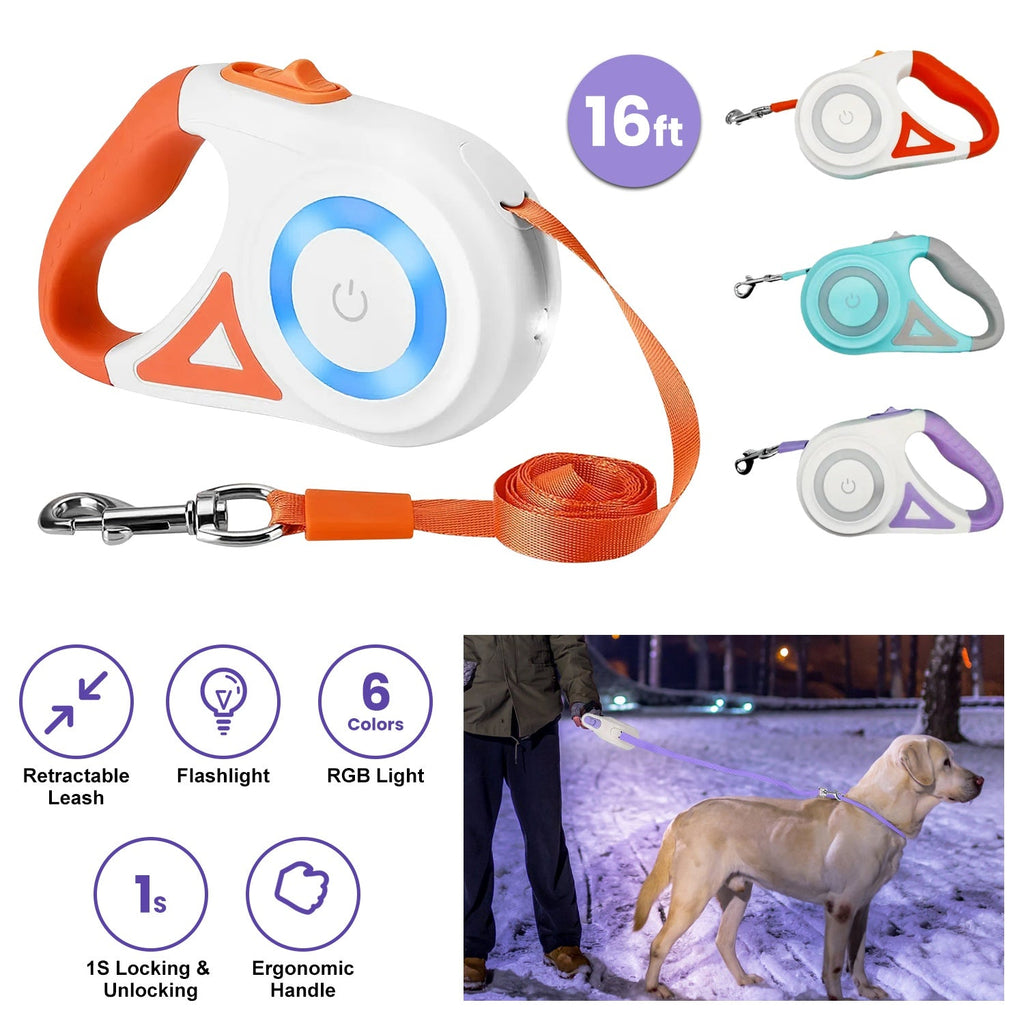 16FT Retractable Dog Leash Extendable Pet Leash Dog Walking Leash with Flashlight RGB Light 2 Rolls of Waste Bags Dispenser Fit for 66-110lbs
