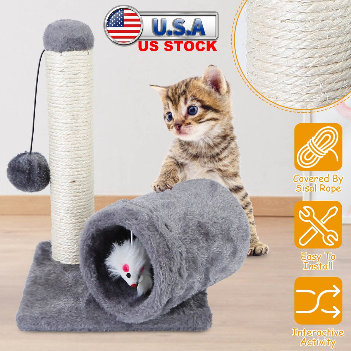 Cat Scratching Post Cat Kitten Sisal Scratch Post Toy w/ Tunnel & Lifelike Mouse Toy Pet Activity Play Fun