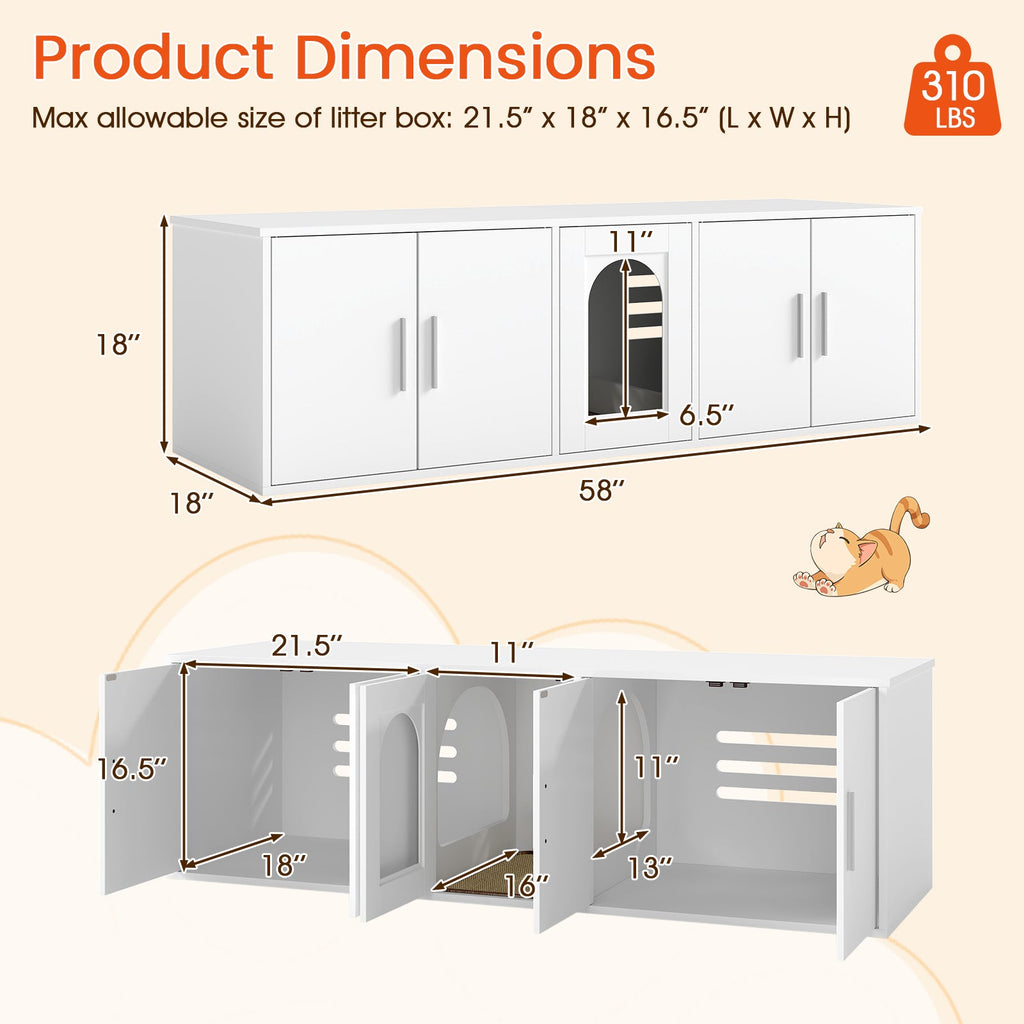 Cat Litter Box Enclosure for 2 Cats with Double Rooms and Sisal Scratching Mat-White