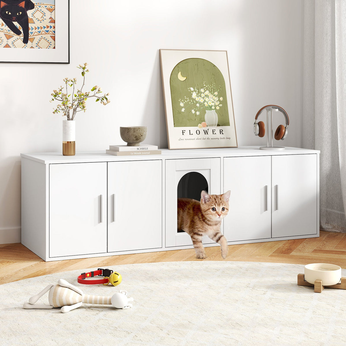 Cat Litter Box Enclosure for 2 Cats with Double Rooms and Sisal Scratching Mat-White
