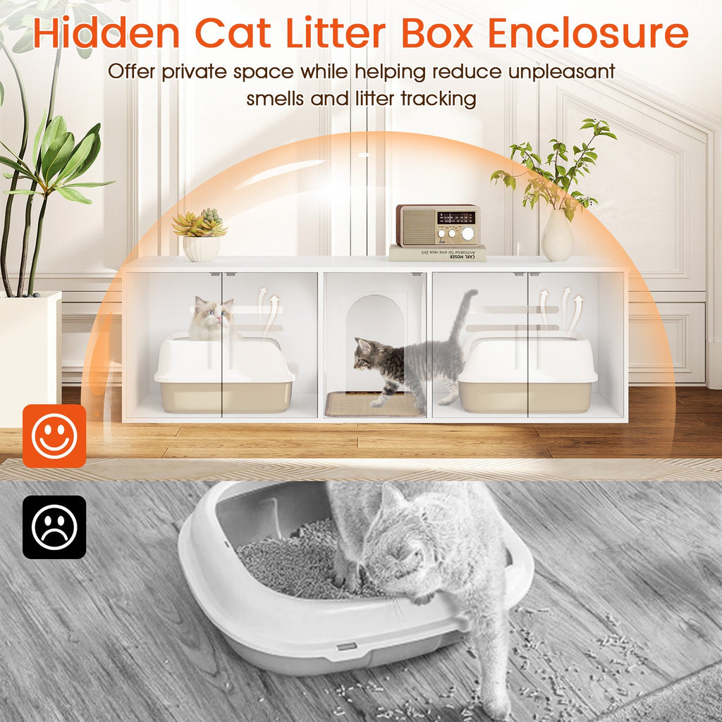 Cat Litter Box Enclosure for 2 Cats with Double Rooms and Sisal Scratching Mat-White