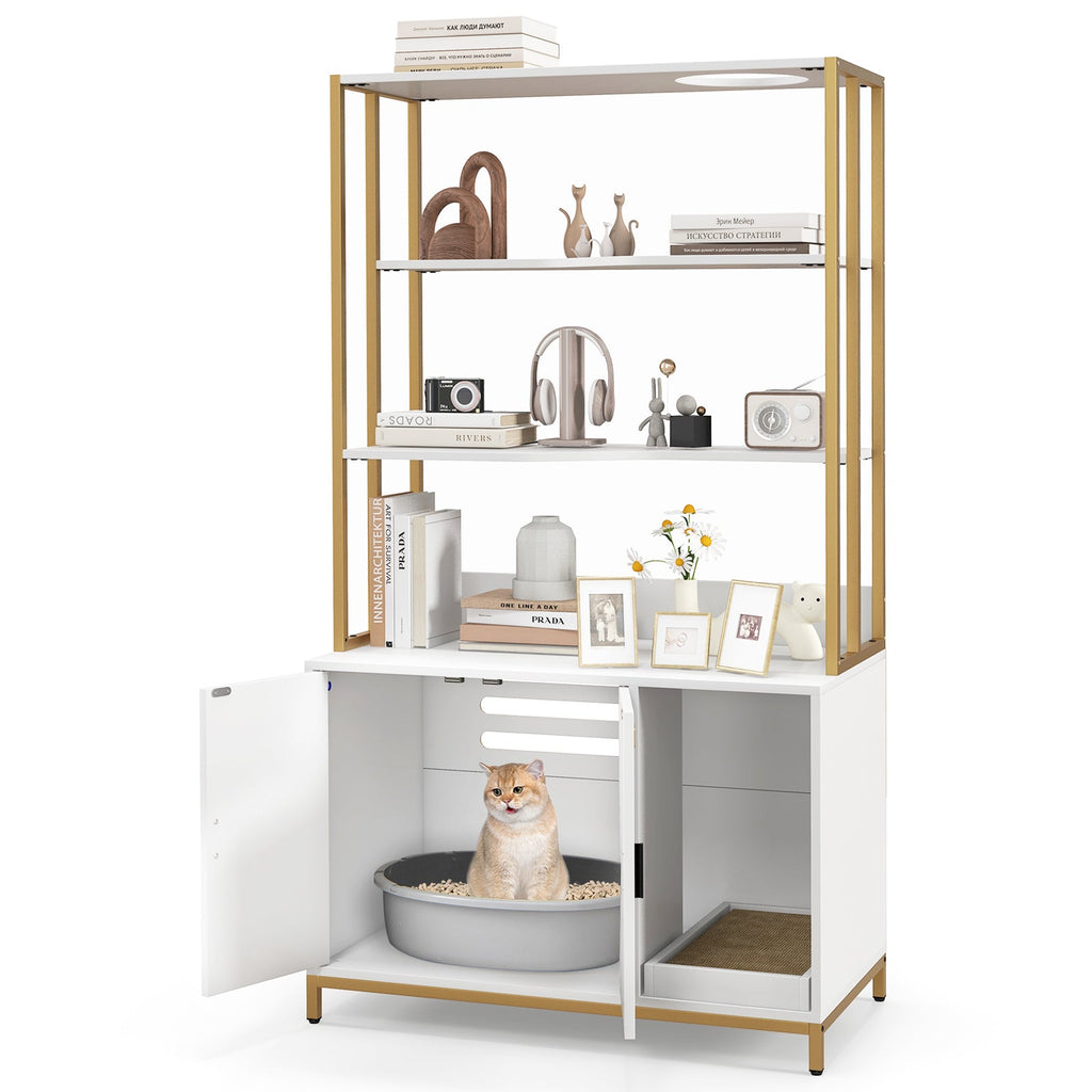 Cat Litter Box Enclosure with Storage and 3-tier Shelves-White