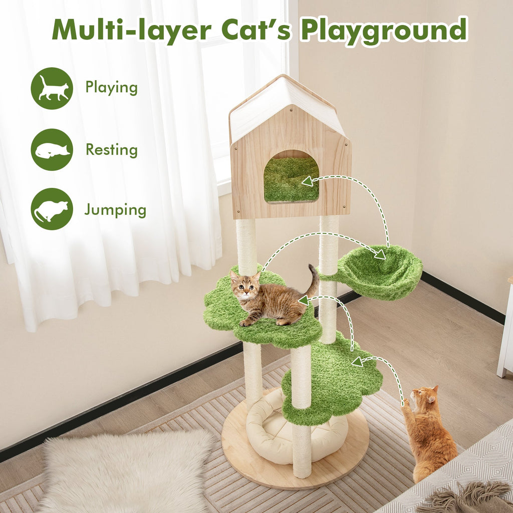 55 Inch Tall Cat Climbing Stand with Sisal Scratching Posts and Soft Cat Bed for Indoor Kittens-Green
