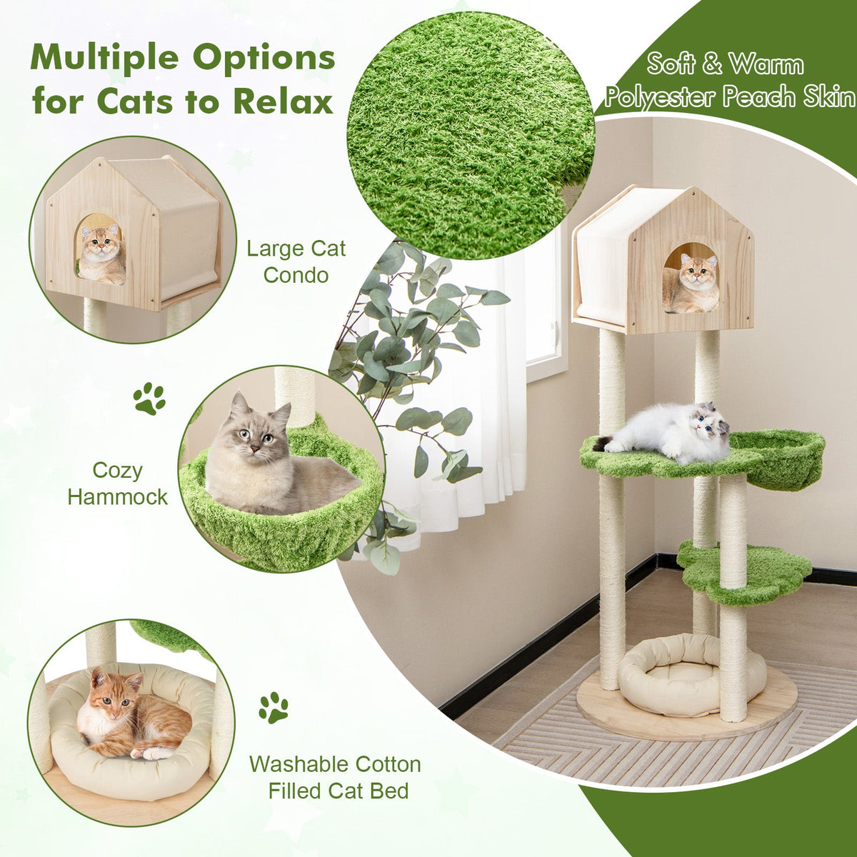 55 Inch Tall Cat Climbing Stand with Sisal Scratching Posts and Soft Cat Bed for Indoor Kittens-Green