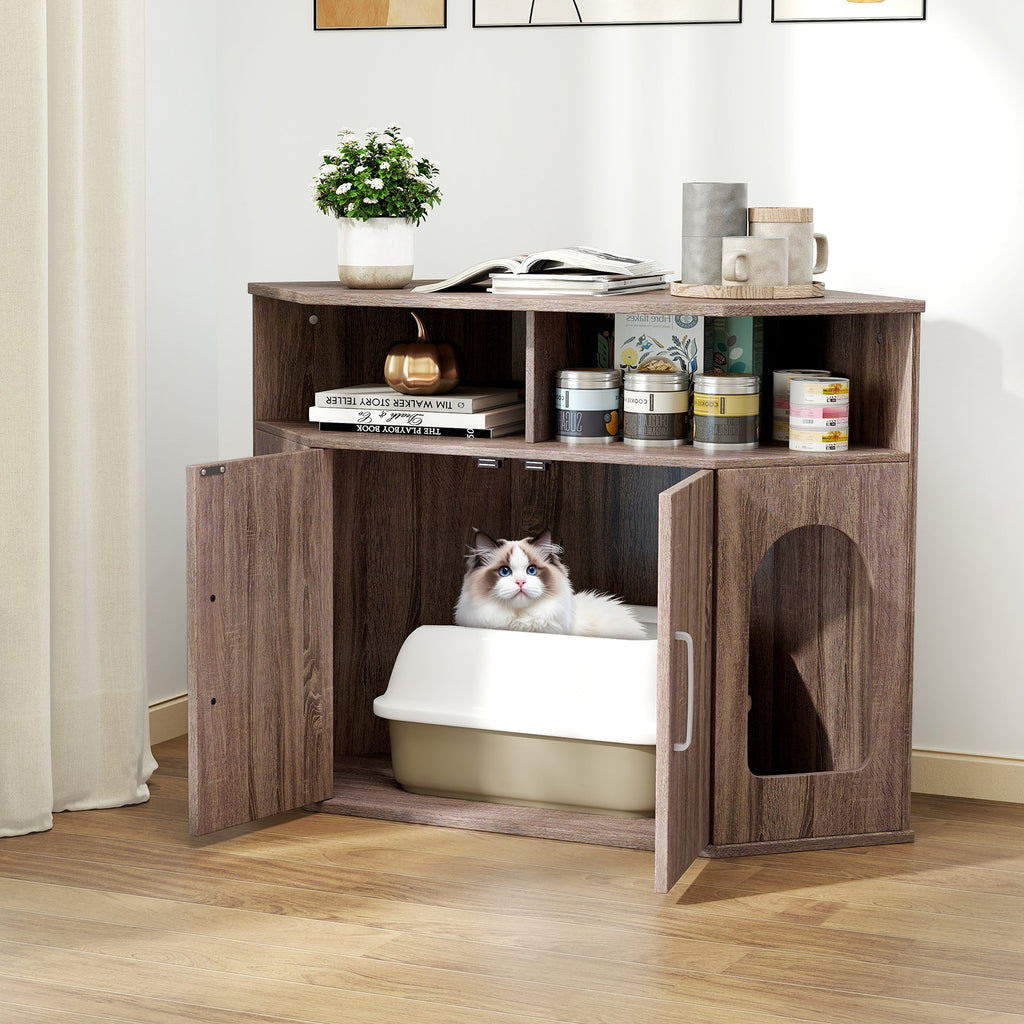 Corner Cat Litter Box Enclosure with Storage Shelves and Double Doors-Gray
