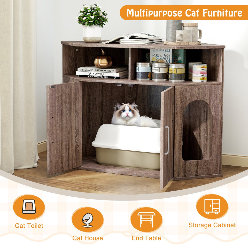 Corner Cat Litter Box Enclosure with Storage Shelves and Double Doors-Gray