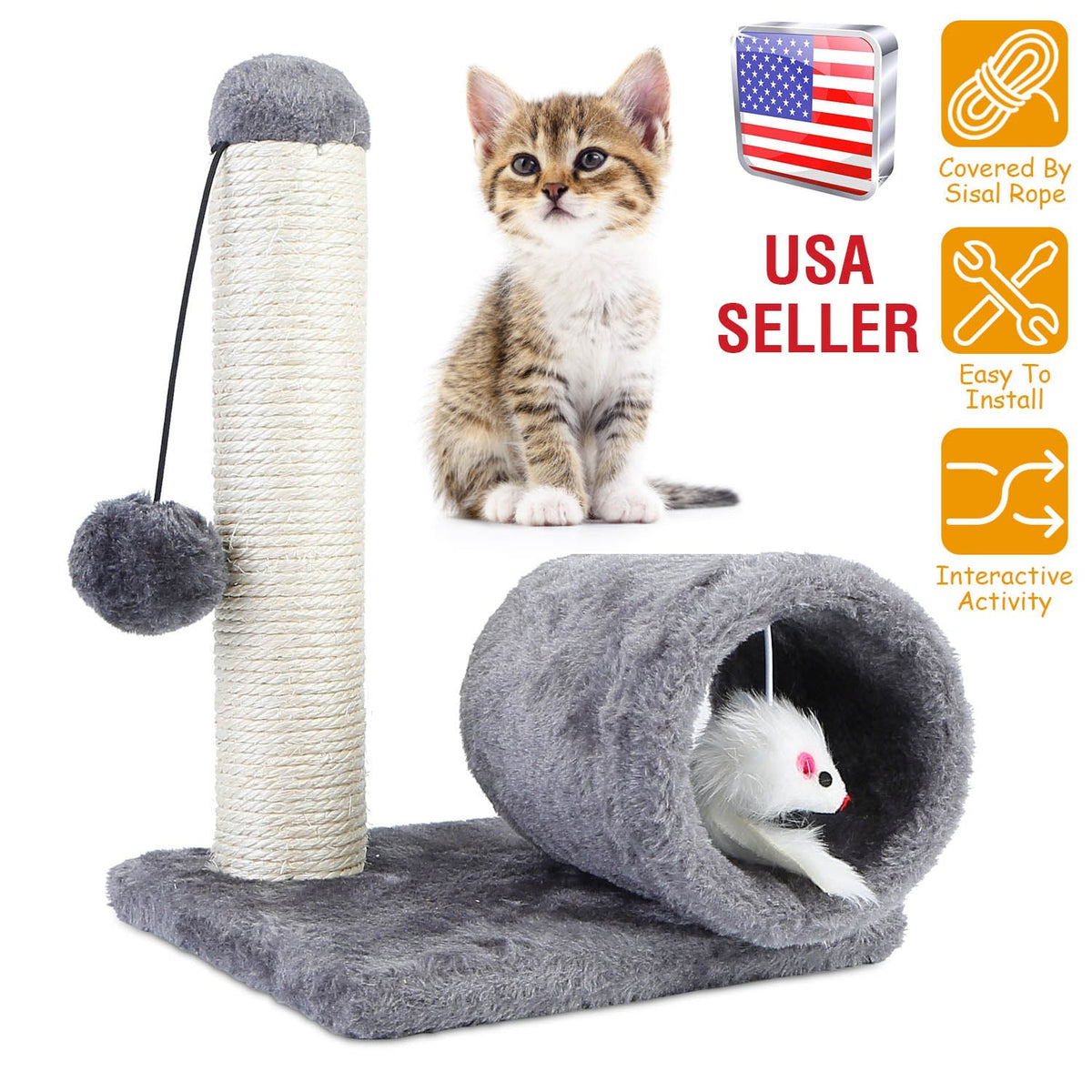 Cat Scratching Post Cat Kitten Sisal Scratch Post Toy w/ Tunnel & Lifelike Mouse Toy Pet Activity Play Fun